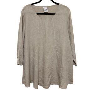 Match Point 100% Linen Tunic Top Womens Large Tan Brown Lagenlook Coastal Beachy